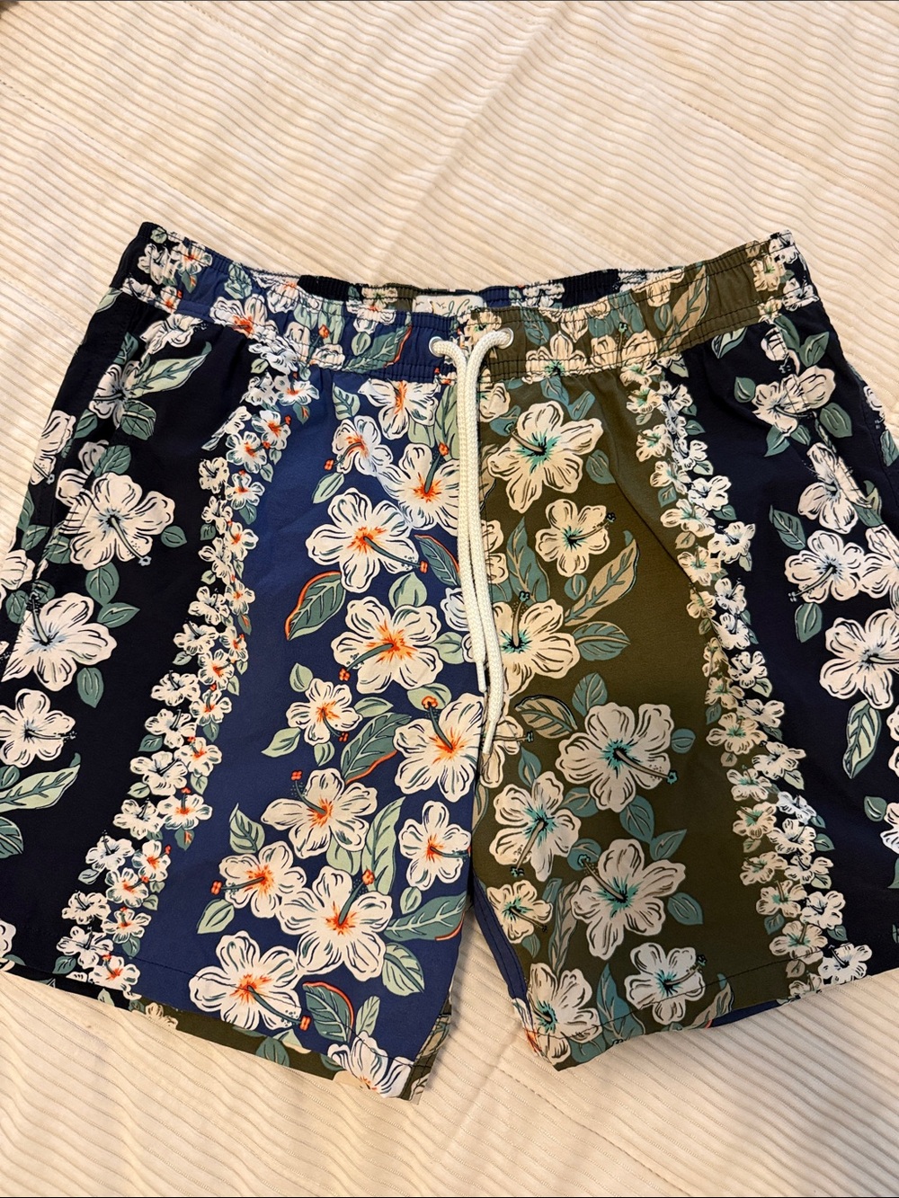 J. Crew Navy & Olive Floral Swim Trunks